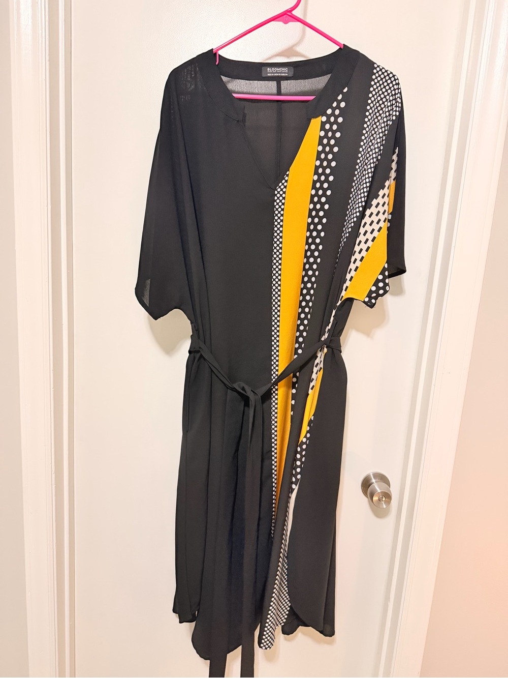 Black and Yellow Dot-Print Wrap Midi Dress - BLOOMCHIC